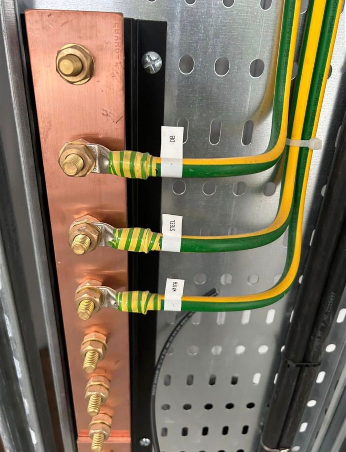 Earth bonding installation to a copper bar inside an NHS distribution cabinet